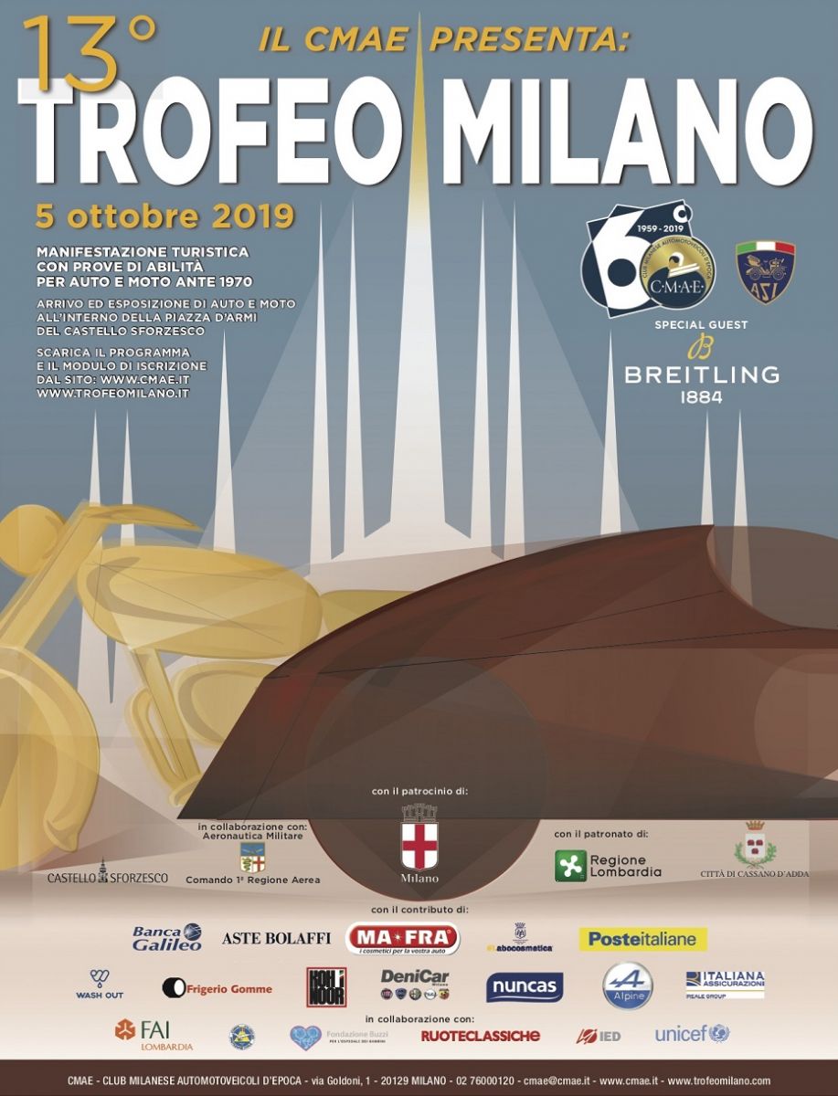 The vintage cars and motorcycles of the Milan Trophy ready for a new fashion show at Castello Sforzesco. Launch of the 13th Edition organized by the C