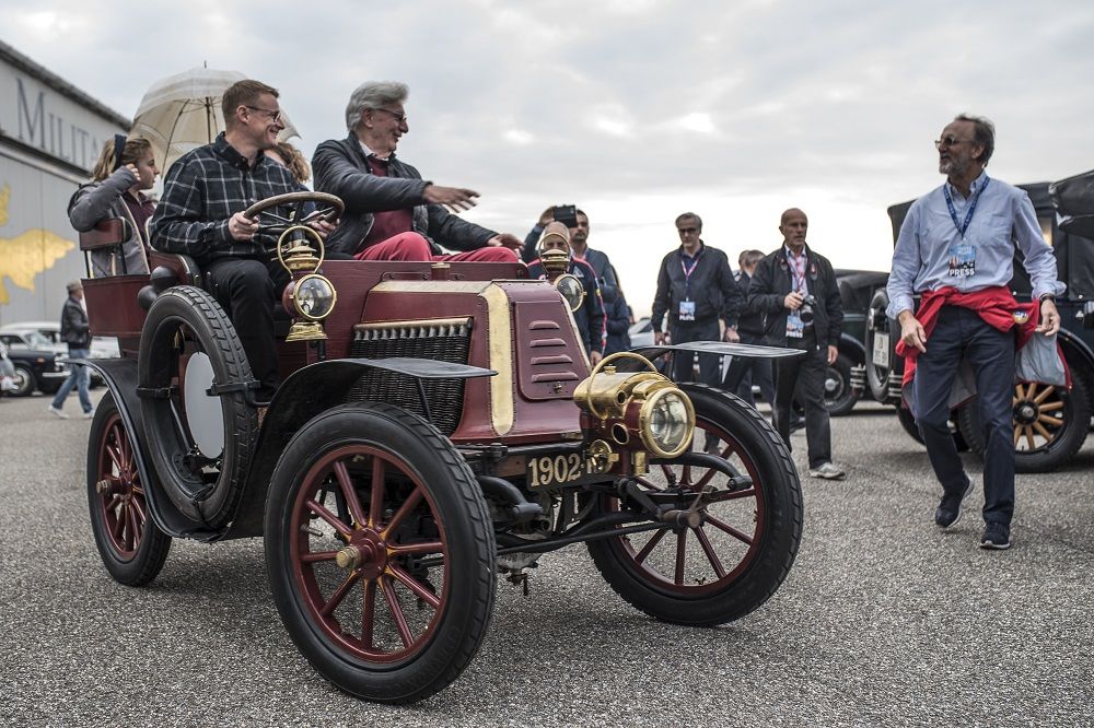 The vintage cars and motorcycles of the Milan Trophy ready for a new fashion show at Castello Sforzesco. Launch of the 13th Edition organized by the C